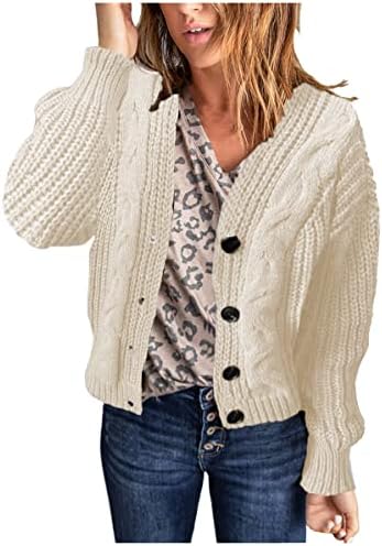 Tunuskat Womens Fall Fashion Cable Sweater Sweater Chunky Cardigan Button V Neck Aberto Frente abrente