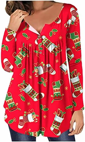 Túdos casuais de túnica casual de Natal feminina LMSXCT para usar com leggings de manga longa Henley Blots Botton Up camisetas gráficas