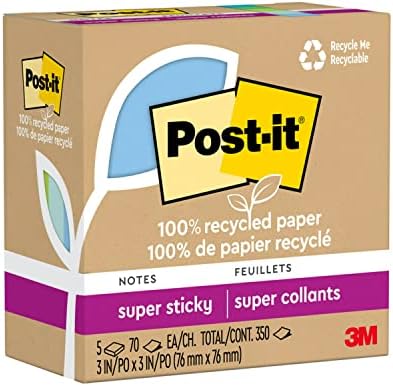 Post-it-it Reciclado Super Sticky Notes, 2x a potência da aderência, 3x3 pol.