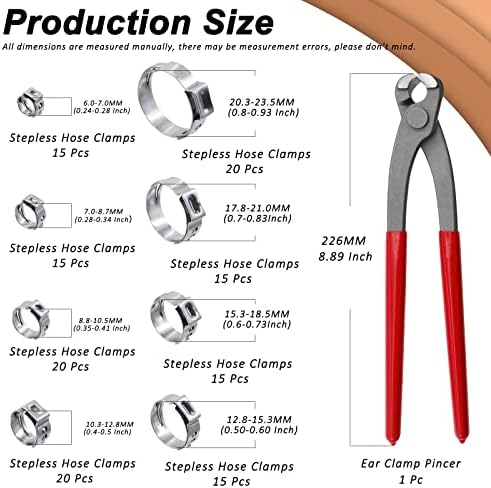 Wokape 135pcs 6-28,6mm Mangueira de orelha única com kit de pinça, 304 grampos de mangueira de aço inoxidável