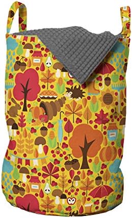 Bolsa de lavanderia de outono de Ambesonne, sazonal Happy Colorful Doodle of Forest Rabbit Impresso Ilustração, cesto de cesto com alças Fechamento de cordão para lavanderia, 13 x 19, coral escuro e laranja