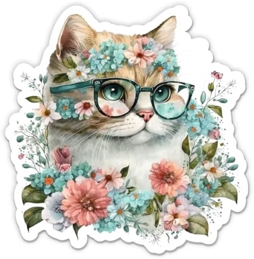 Gato em copos com adesivo de flores - adesivo de laptop de 5 - vinil impermeável para carro, telefone, garrafa de