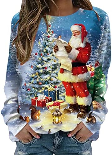 Hoodies leves para mulheres camisetas de manga longa e de manga longa Classic Relaxed Womens Christmas Sweatshirt