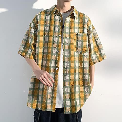 Camisa xadrez casual de manga curta de manga curta Botão para baixo camiseta solta camisa de verão de verão sai