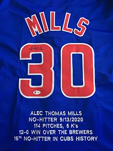 Alec Mills assinou a camisa de beisebol Autografada Blue No Hitter com Beckett Coa - Chicago Pitcher - Size XL