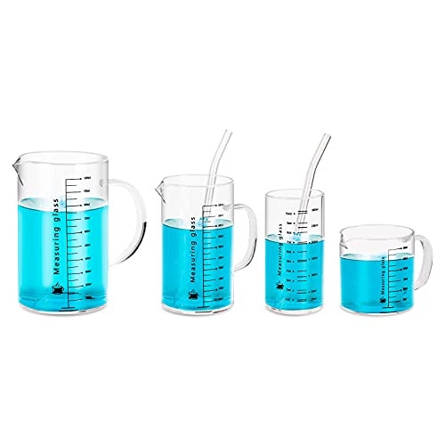 Conjunto de copos de vidro de medição de laboratório - copo de vidro de borossilicato com alça e portão ， 4 copos e 2 canudos de vidro,