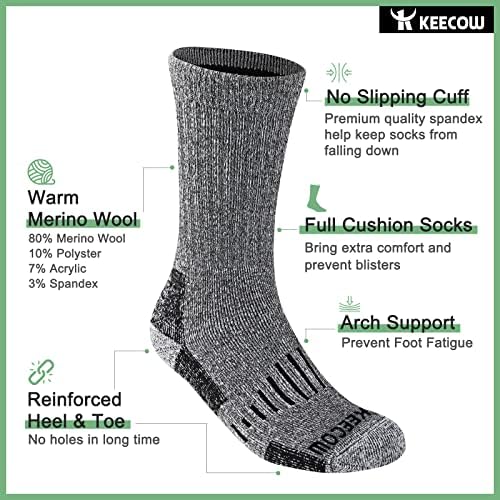 Keecow Merino Wool Crew Meias para homens e mulheres, meias de almofada de inverno quentes e acolhedores para caminhadas funcionando,