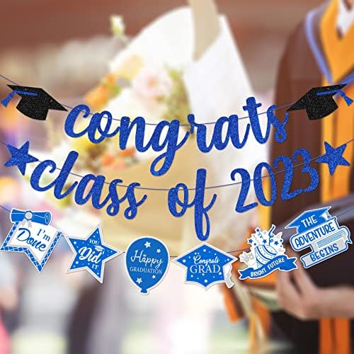 Classe de parabéns azuis e brancos de 2023 Banner Blue e Sliver Graduation Decorações 2023 Decorações de graduação azul de 2023
