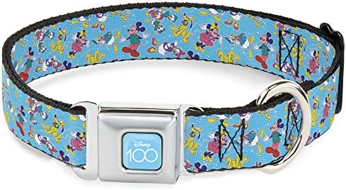 Disney Pet Collar, Fivela de cinto de segurança de colarinho de cachorro, Disney 100 Mickey and Friends posa azul espalhado, 16 a 23 polegadas de 1,5 polegada de largura