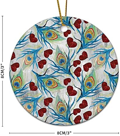 Ornamento de Natal do pavão vintage lindo ornamento de cerâmica floral de 3,2 polegadas com corda de ouro impressão dupla face-lados