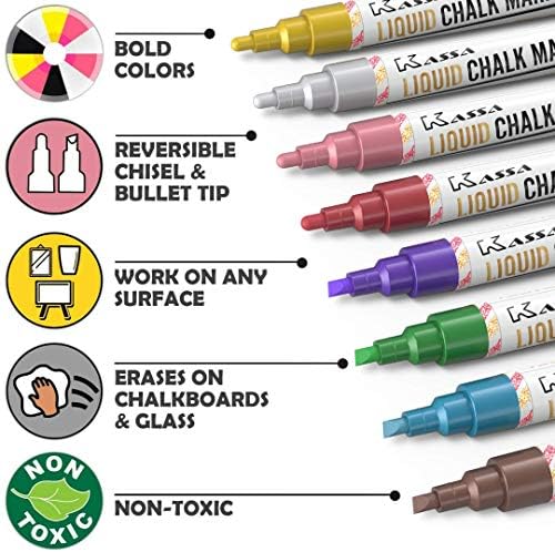 Kassa Chisel e Bullet Dual Tip Marking Pen, pacote de marcadores líquidos de giz pastel não-tóxicos e marcadores de giz metálico