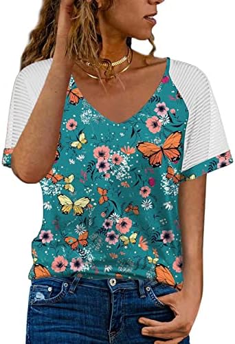Camisetas casuais em V para mulheres Mesh de verão Top de manga curta Tops de camiseta de impressão floral básica