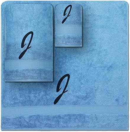 Conjunto de toalhas monogramas, presente personalizado, conjunto de toalhas turcas bordadas de 3 bloqueios - 1 banho e 1 toalha de mão, 1 pano de lavagem, altamente absorvente, Super Soft algodão, inicial - J, azul