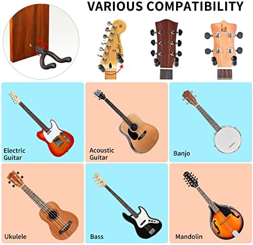 Montagem de parede de guitarra Neboic 2 Pack, cabide de guitarra com prateleira de madeira, gancho de guitarra, porta -guitarra para baixo acústico de baixo guitarra ukulele banjo bandolim