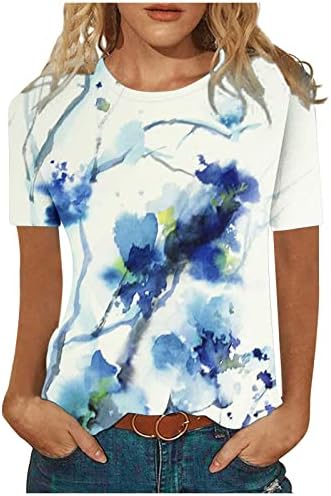 Camiseta adolescente meninas adolescentes de manga curta 2023 Crew Crew pescoço pintura de tinta floral blusa gráfica