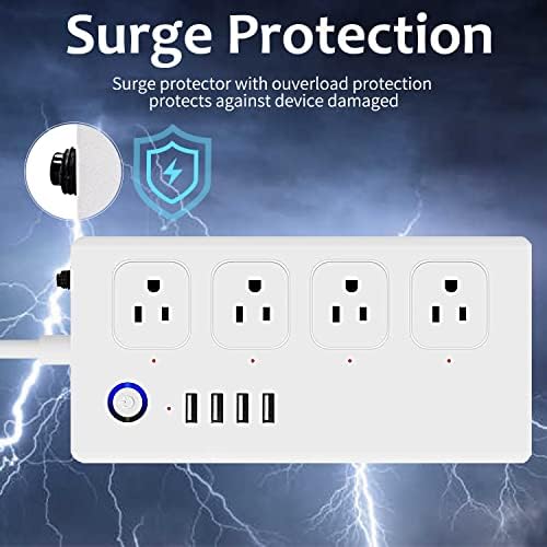 Smart Power Strip, WiFi Smart Plug Surge Protector com 4 lojas inteligentes controladas individualmente e 4 portas USB funciona com Alexa e Google Home, Cordão de extensão 5feet, App/Remote/Voice Control, 10A