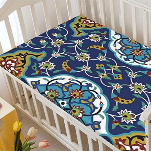 Folha de berço com tema marroquino, colchão de berço padrão folhas de colchão de berço de lençóis de colchão para meninas ou menino, 28 “x52”, mostarda azul royal