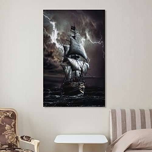 Hdydjs Stormy Pirate Ship Poster Black Sailboat Poster Canvas Pintura Arte da parede Poster para quarto Decoração da sala de estar 20x30 polegadas Estrutura