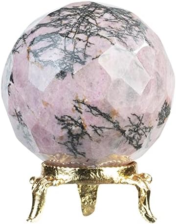 Crocon 60mm Rhodonite Diamond Cut Stone Sphere Ball com suporte de metal com mais de 1400 quilates de cura de pedra