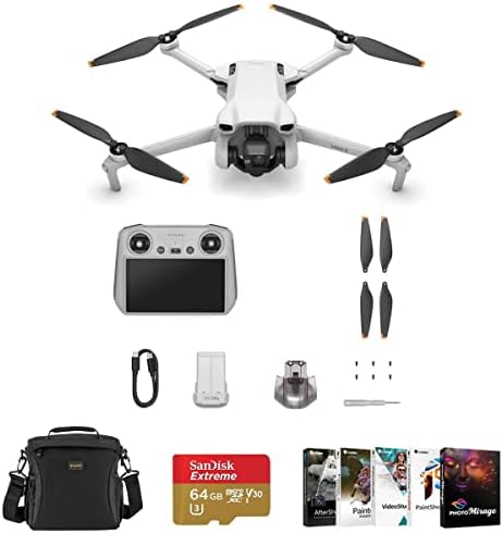 DJI Mini 3 drone com pacote de controlador remoto RC com cartão microSD de 64 GB, bolsa de ombro, kit de software corel pc