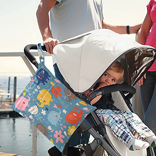 VISESUNNY ENGRADO ELEPHANTES Infantis Flores de 2pcs Saco molhado com bolsos com zíper Bolsa de fraldas reutilizáveis ​​para viajar, praia, piscina, creche, carrinho, fraldas, roupas de ginástica suja, roupas de banho molhadas, produtos de higiene pessoal