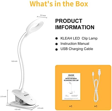 Kleah Clip On Light for Bed & Desk, Reading na cama, dormitório, ganso flexível, lâmpada de grampo recarregável operada por bateria