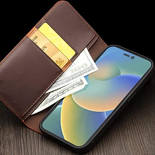 Caixa da carteira Hazels para iPhone 14 Pro Max, capa de telefone da carteira de fólio de couro genuíno com caça à prova de choques