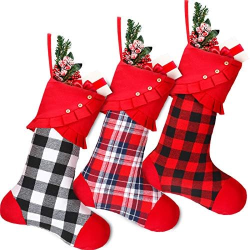 Skylety 3 peças meias de Natal xadrez de Natal vermelho e preto Buffalo Verifique seca de Natal de Natal Candy Present for Christmas Holiday Party lareira suspensa decoração