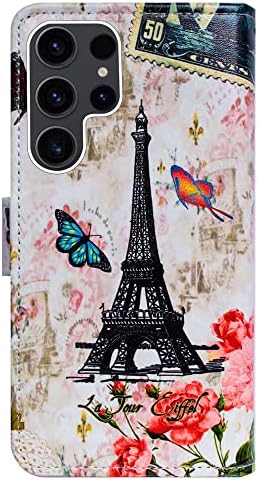 BCOV Galaxy S23 Ultra Caso, Paris Tower Butterfly Flip Phone Caixa Caixa de carteira com suporte de cartas Kickstand para Samsung