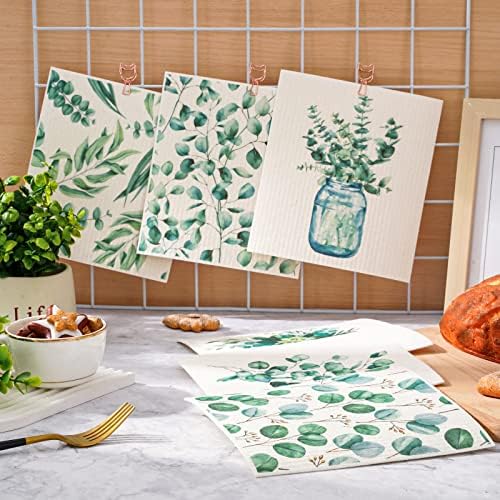 AnyDesign Greenery Greenery Cozinha sueca Cozinha de pano de prato aquarela folhas verdes Folhas de algodão absorvente Toalha de