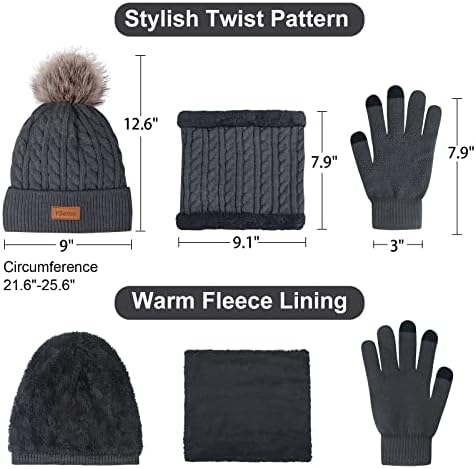Mulheres 3 em 1 Winter Hat Luvas de cachecol conjunto de lã quente forro de malha chapéu de chapéu de toque de tela sensível