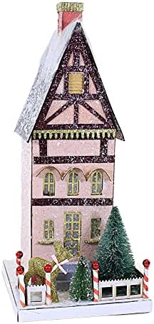 Christmas Petit Townhouse House Paperboard Village Light Up Retro - 1 Putz Style House Decoração de Natal 15,5 polegadas - Hou320 - Pink