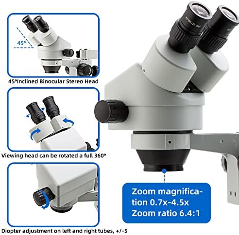 Swift S7-B520-144 3,5x-90x Microscópio de dissecação estéreo binocular, oculares wf10x, potência objetiva de 0,7x-4,5x, lentes objetivas adicionais de 0,5x 2,0x, luz do anel de 144 bulbs, suporte de braço único