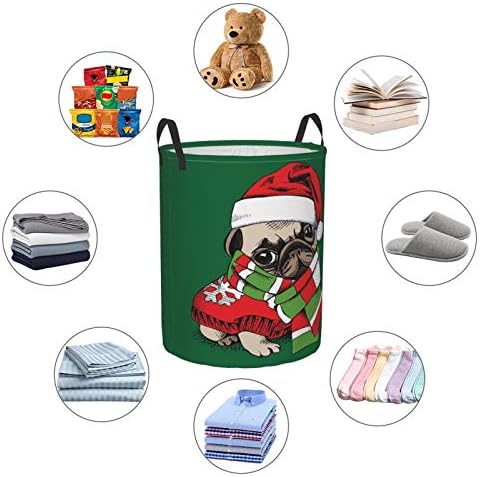 Fehuew Christmas Papai Noel Hat Puppy Pug Dog Cosçamento de roupas dobráveis ​​com alça de tecido impermeável cesto de lavanderia Organizador de cestas grandes para roupas sujas, brinquedos, banheiros
