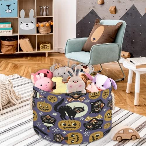 Halloween Black Cat Pumpkin Grandes cestas redondas para cestas de lavanderia de armazenamento com alças cestas de armazenamento de cobertores para caixas