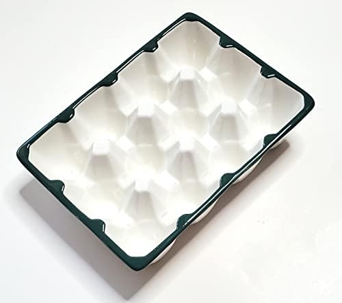 Bandeja de ovo de cerâmica de estilo vintage com acabamento verde, branco, verde, 8,5x6.5