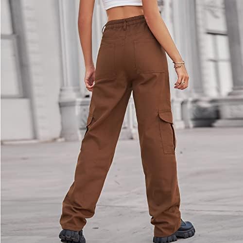 Calça de carga jorasa calças de mulheres para mulheres calças de carga média de ascensão Mulheres com calça de cargo de cinto Button Troushers com bolsos