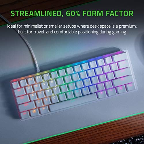 Razer Huntsman Mini 60% Teclado para jogos: interruptores de teclado rápido - clicky switches ópticos - Iluminação Chroma RGB - PBT Keycaps - Memória de bordo - Mercury White