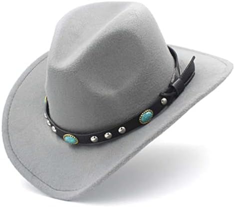 Men Womens Woman Western Cowboy Hat com Roll Up Brim Felt Sombrero Sombrero Caps com cinto de couro turquesa