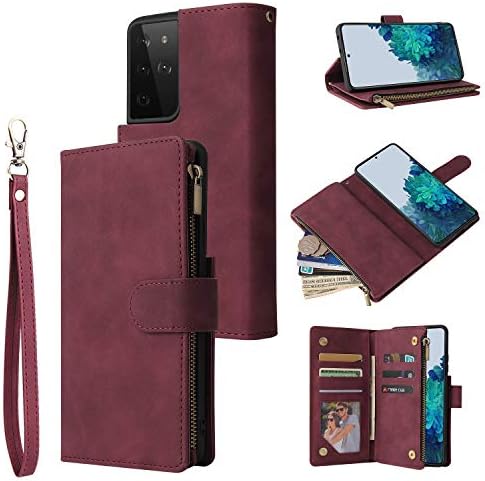 Compatível com a capa da carteira Samsung Galaxy S21, Zipper de couro Magnetic 6 slots de cartas Proteção de bolsa compatível com