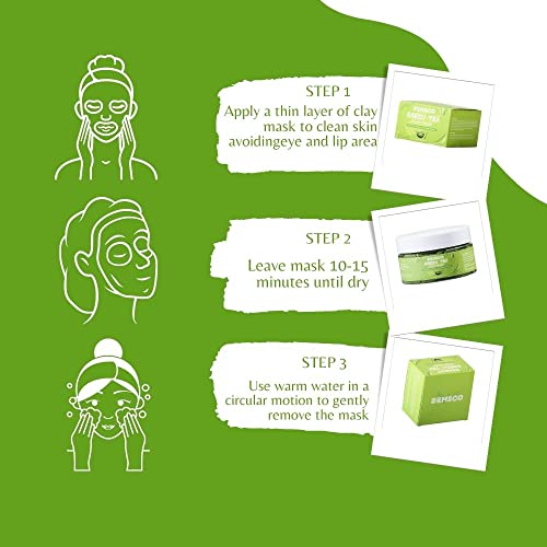 BEMSCO Máscara de argila de chá verde | Máscaras faciais para cuidados com a pele de limpeza profunda | Removedor de cravos | Limpador de poros | Detoxing e Healing Purification | Limpador de cravos e poros | Redutor de acne | Produtos de cuidados com a pele de beleza para mulheres e homens