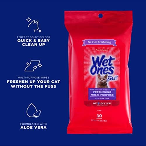 Ones molhados para animais de estimação Frescer lenços multiuso para gatos com aloe vera, 30 ct - 24 pacote | lençóveis de limpeza