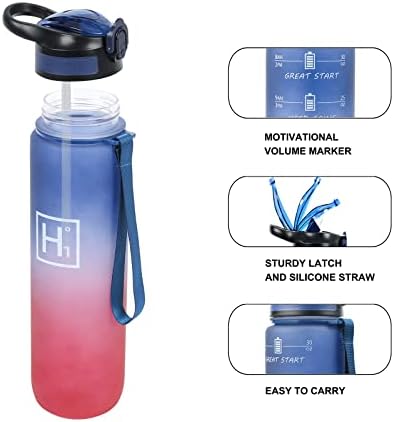 Garrafa de água tritan de 32 oz de hidrateona, com marcador de tempo motivacional e tampa de palha à prova de vazamentos, livre de BPA. Rastreador de hidratação pessoal para academia, jarro, caminhada, viagens e esportes