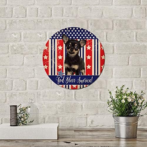 Funnamente Round Pet Dog Metal Tin Sign Placa patriótica EUA Bandeira Deus abençoe América Vintage Sign Sign Cão de boas -vindas