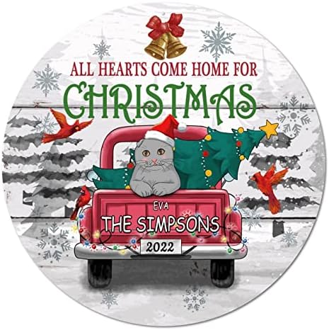 Sign de lata de metal redonda Custom todos os corações voltam para casa para o natal Wreath Wreath Sign Poster de metal Placa da porta da porta enferrujada para a parede de barra interna pendurada no dia de Natal Decoração de 9 polegadas
