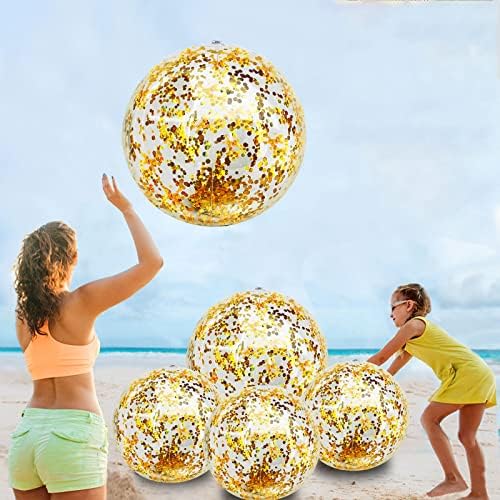 Turnmeon 5 pacote lantejas de praia bola de praia 24 polegadas 16 polegadas jumbo brinquedos de piscina bolas de confete gigante brilho inflável de praia clara bola de praia piscina de água brinquedos de praia favores de festa de verão para crianças adultos