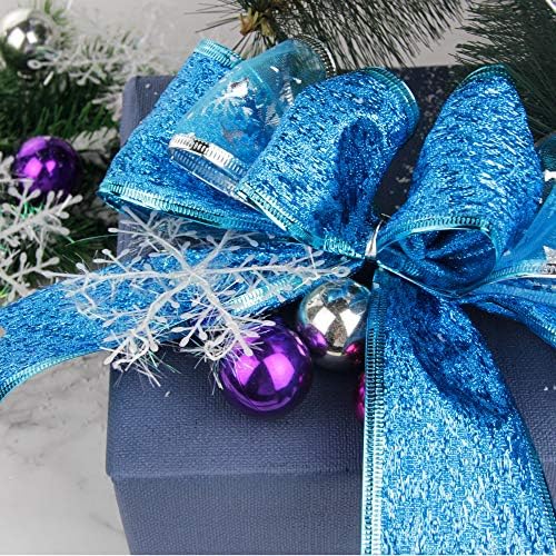Fita de Natal Vatin, fitas de festas de férias com fio Redes variados de flocos de neve DOT Decorações de Padrões de Estrela do Holly, Fita de Glitter Scel Glitter 36 jardas -Blue/Silver
