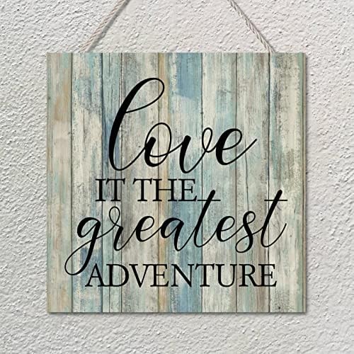 Wood Sign Family Quote Love It The Greatest Adventure Vintage Teal Wood Grain Funny Wall Art Plata Placa com corda para a mesa