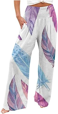 Calça de praia yuzhih para mulheres de verão linho de perna larga Palazzo calça cesta elástica casual calça solta calça calças