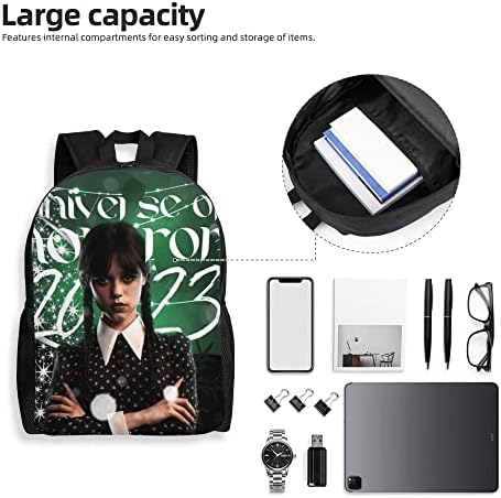 Jisucun Único quarta -feira addams bolsa quarta -feira viagens mochila elegante design leve backpack de viagem espaçosa saco de livros funcionais com compartimento de laptop separado mochila casual mochila